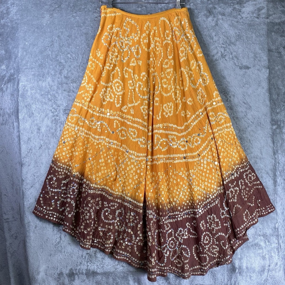 Vtg Y2K Skirt Womens Sz S Brown Orange Embellished Maxi Full Gypsy Boho Sequins - Picture 5 of 11